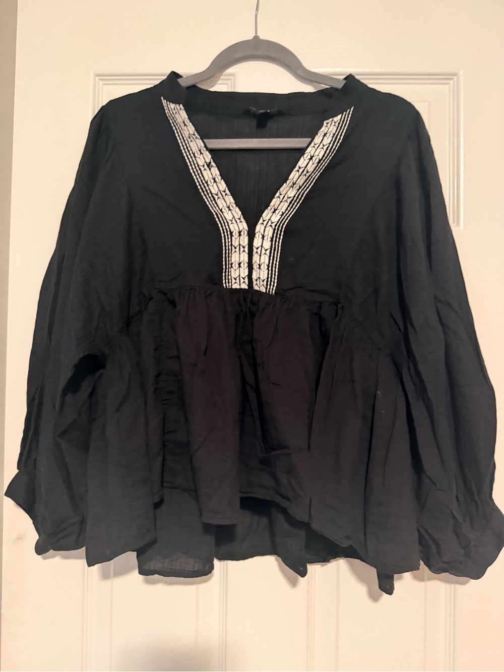 Banana Republic Black Peasant Tunic with White Embroidered V-Neck